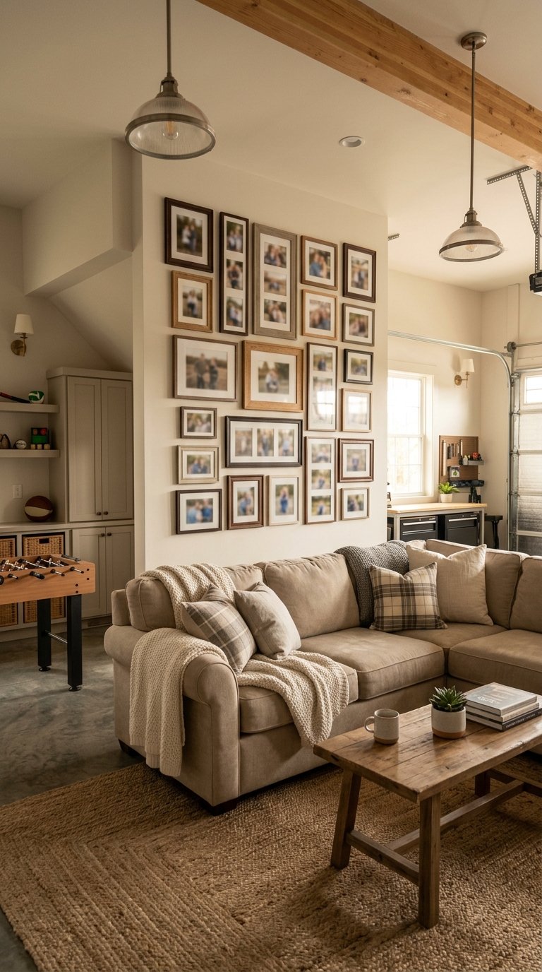 A cozy garage family room with framed family photos displayed on a wall and comfortable seating.