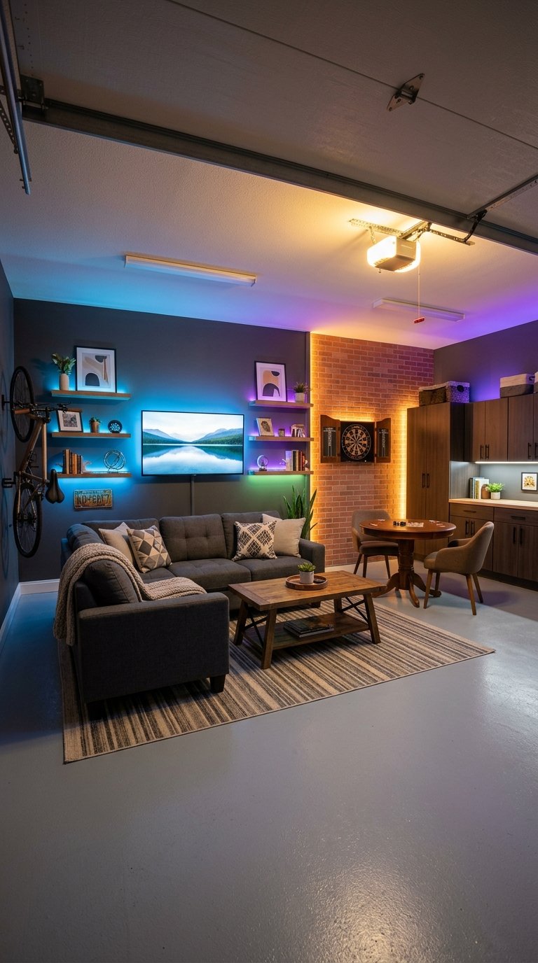 A cozy garage lounge with colorful adjustable LED lighting, comfortable seating, and a game area.