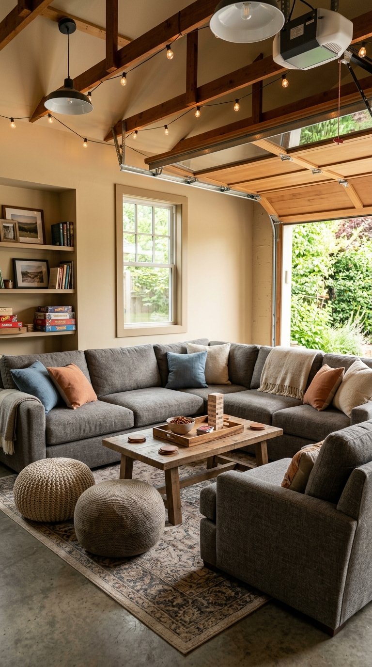 A cozy garage lounge with padded seating arranged around a wooden coffee table.