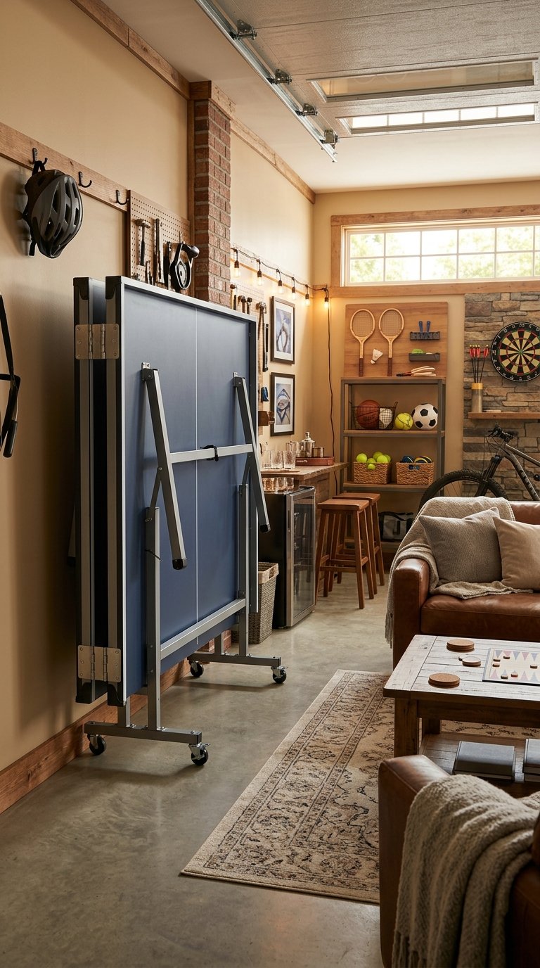 A cozy organized garage game room with a foldaway ping-pong table stored against the wall.