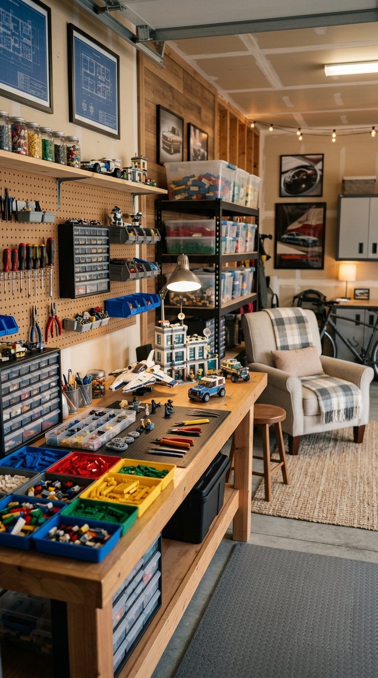 A cozy garage building station with colorful bricks, organized storage, and a family seating area.