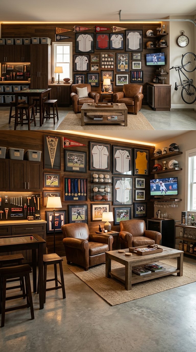 A cozy garage man cave with a wall displaying framed sports memorabilia, collectible equipment, and warm seating.