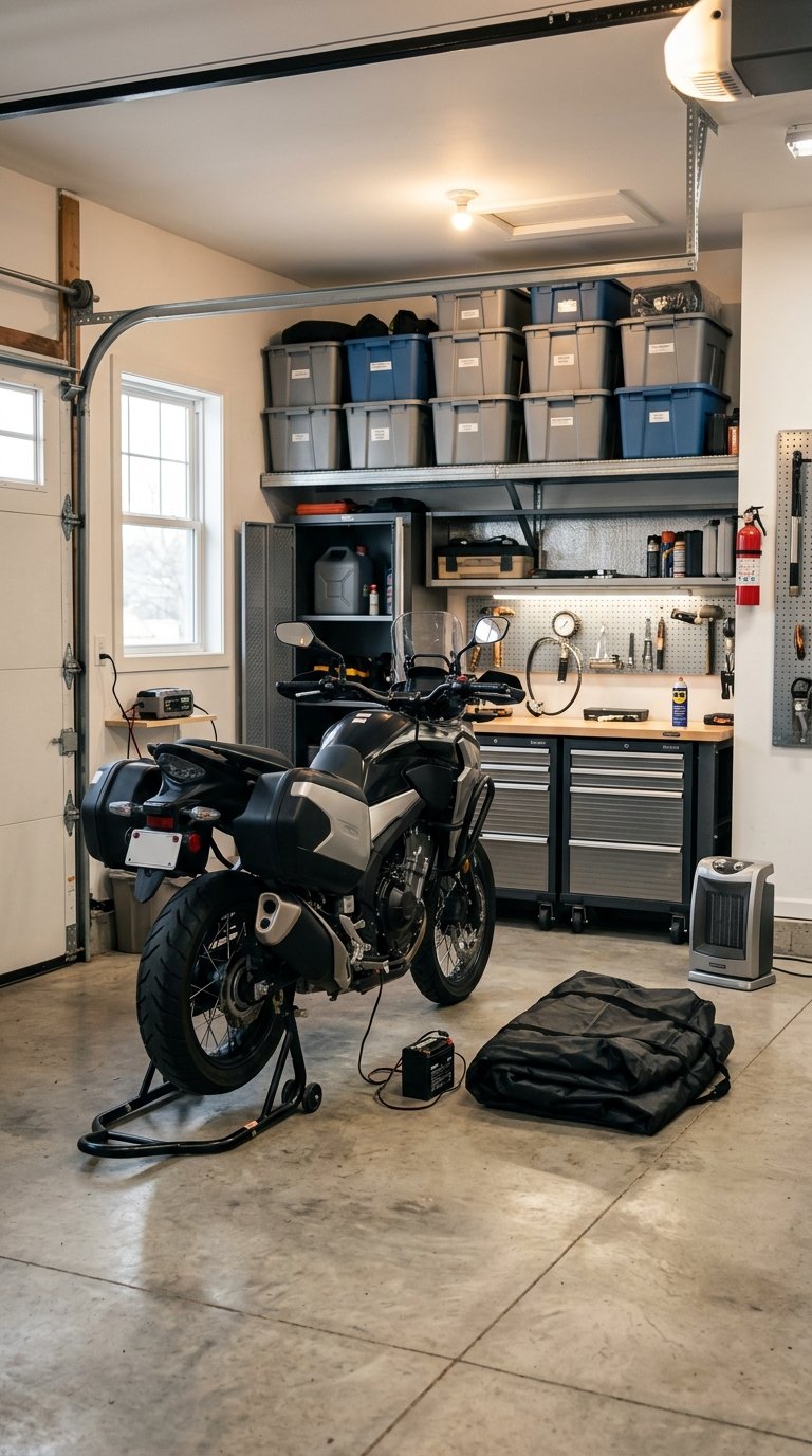A motorcycle is stored in an organized garage with winter maintenance equipment, tools, and protective supplies.
