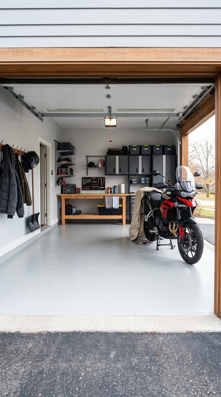 A motorcycle is being brought into a clean, uncluttered garage with clear floor space.