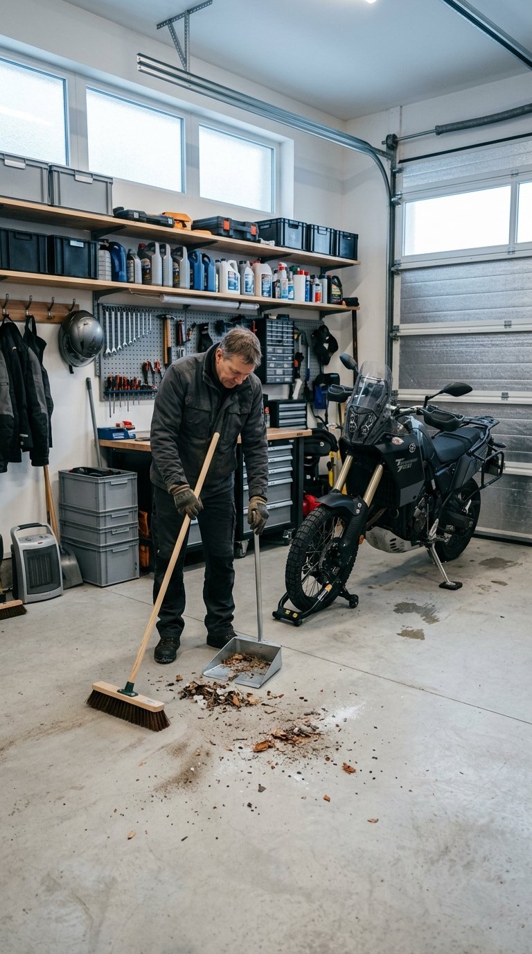 A person sweeps dust, leaves, and road salt from the floor of a motorcycle garage.