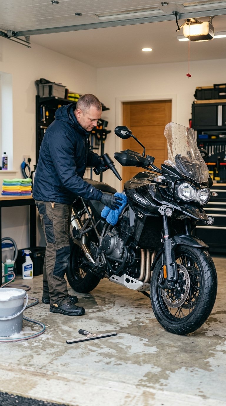 A person dries a freshly washed motorcycle inside an organized garage.