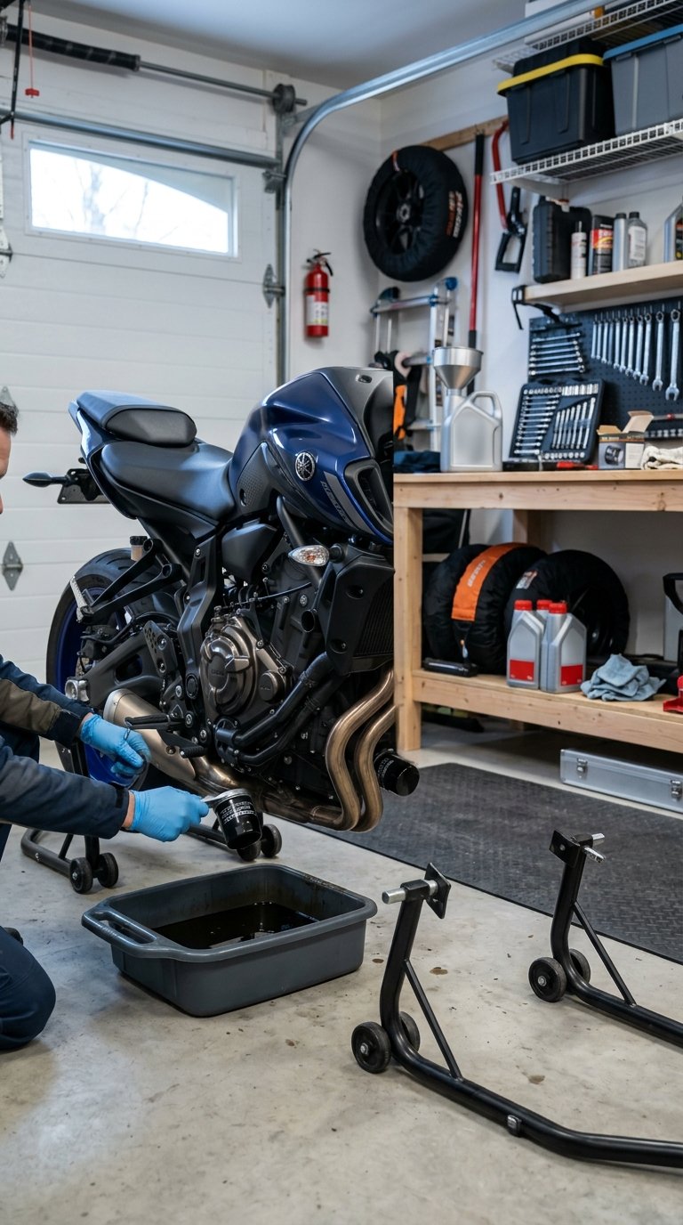 A mechanic changes the oil and filter on a motorcycle in an organized garage.