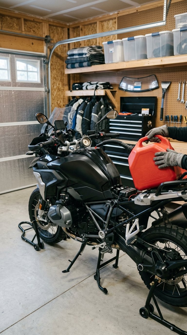 A motorcycle in a tidy garage with its fuel tank open beside a clean fuel container for winter storage.