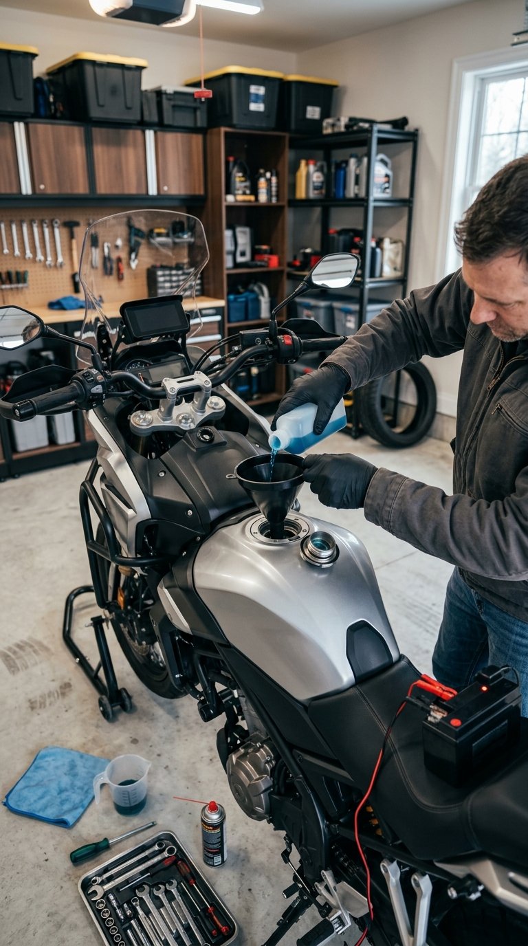 A motorcyclist adds fuel stabilizer to a motorcycle in an organized garage.