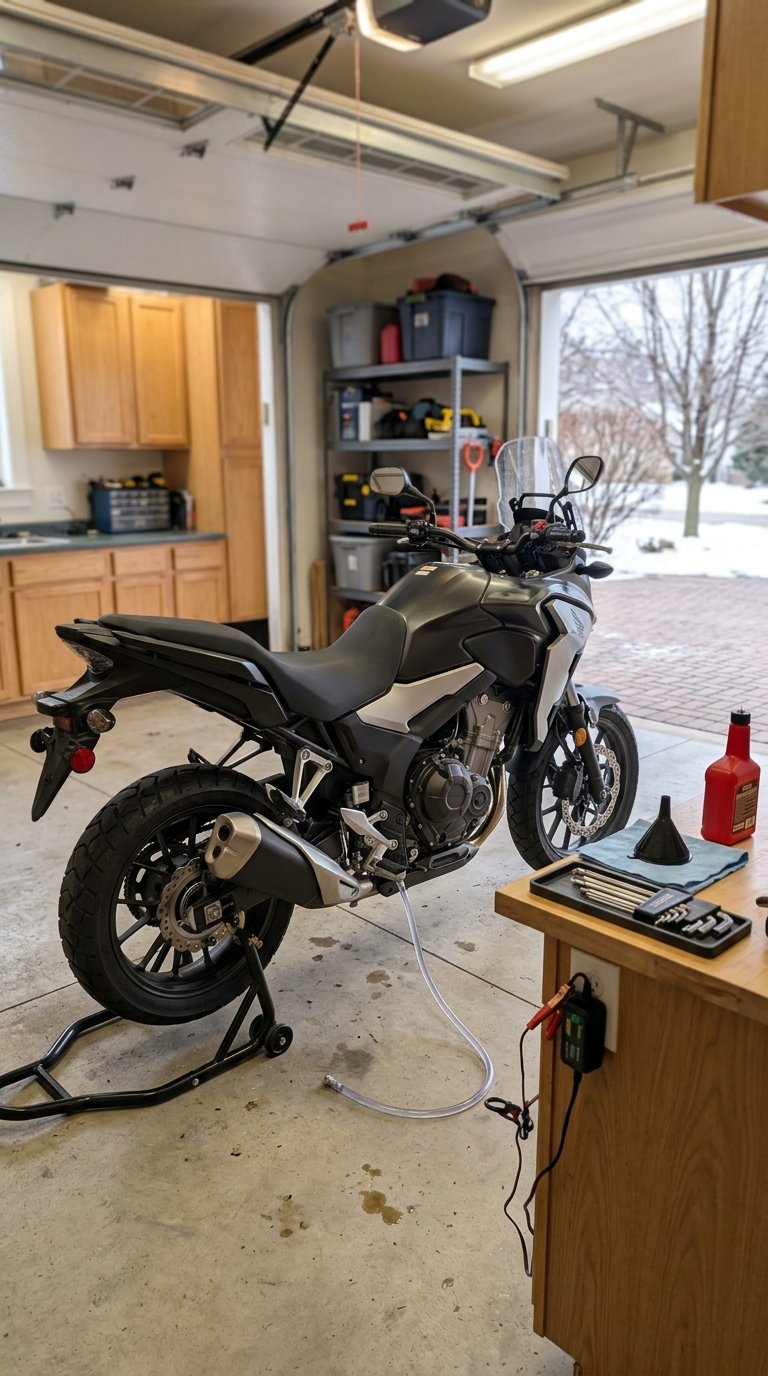 A motorcycle runs briefly in a tidy garage while fuel stabilizer and winter maintenance tools sit nearby.