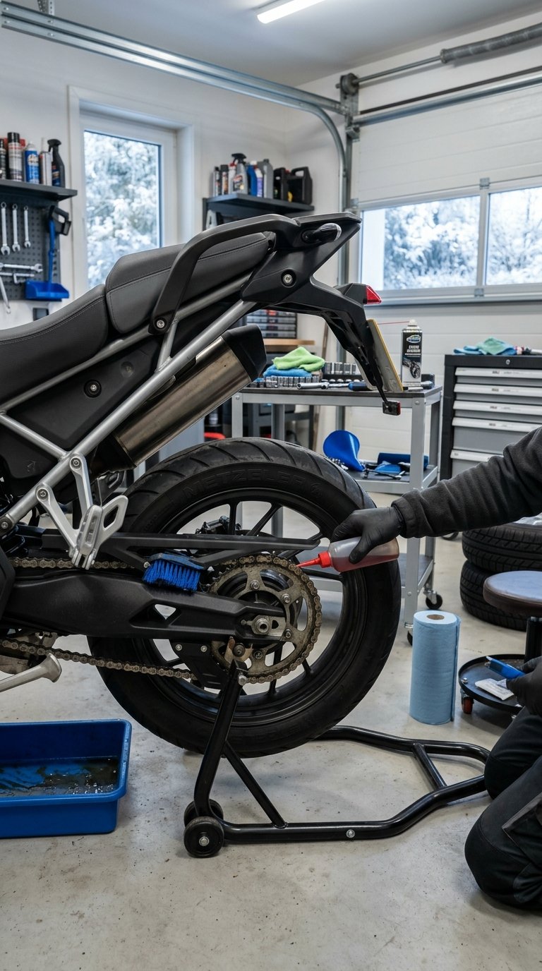 A mechanic cleans and lubricates a motorcycle chain in an organized winter garage.