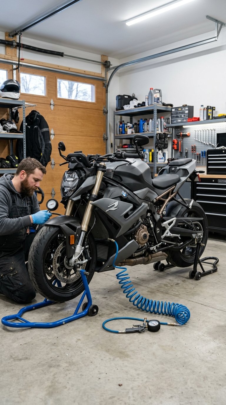 A mechanic checks the tire pressure of a motorcycle in an organized garage.