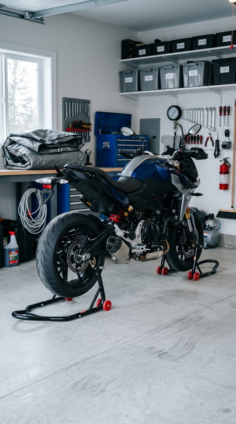 A motorcycle rests on front and rear stands in an organized garage for winter storage.