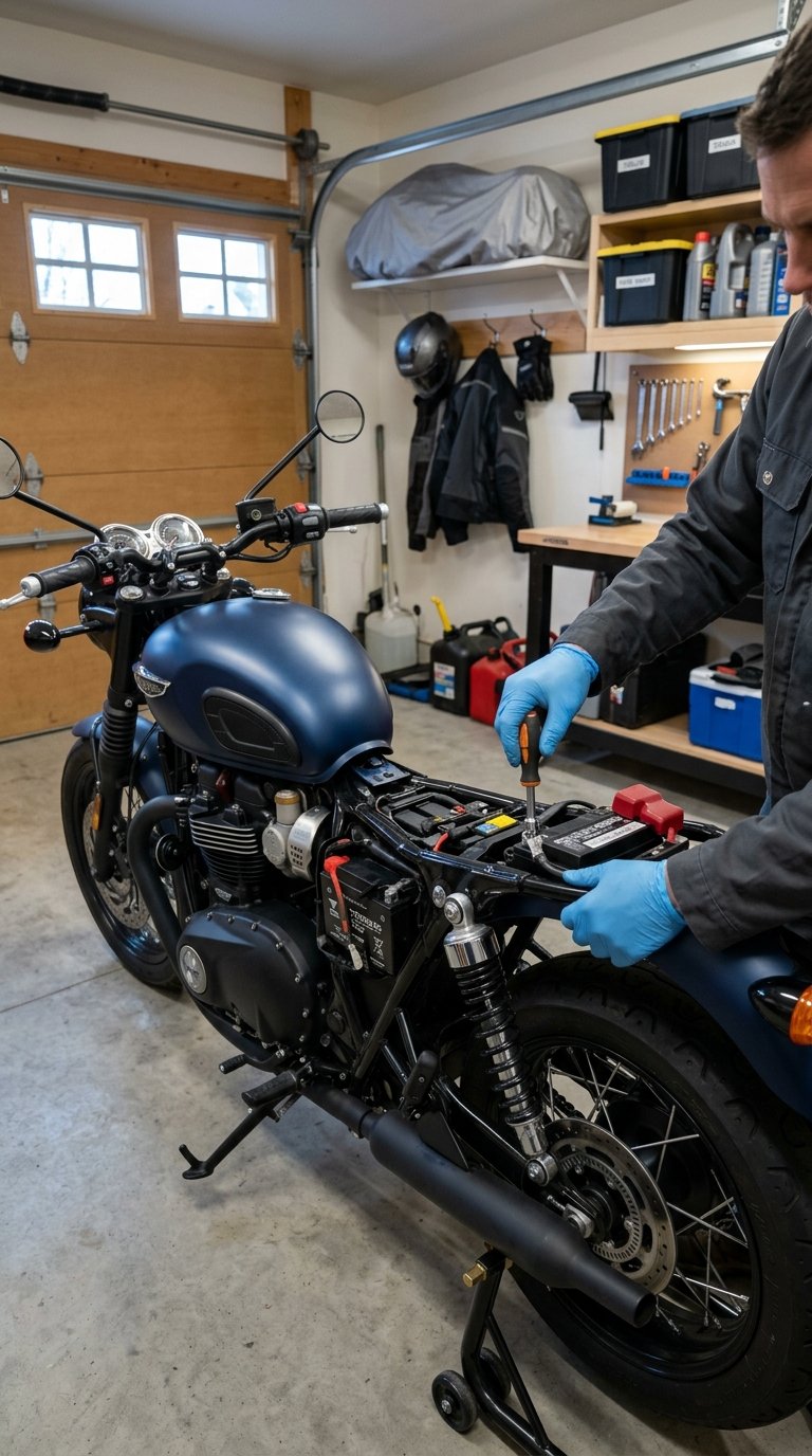 A person disconnects a motorcycle battery in an organized garage.