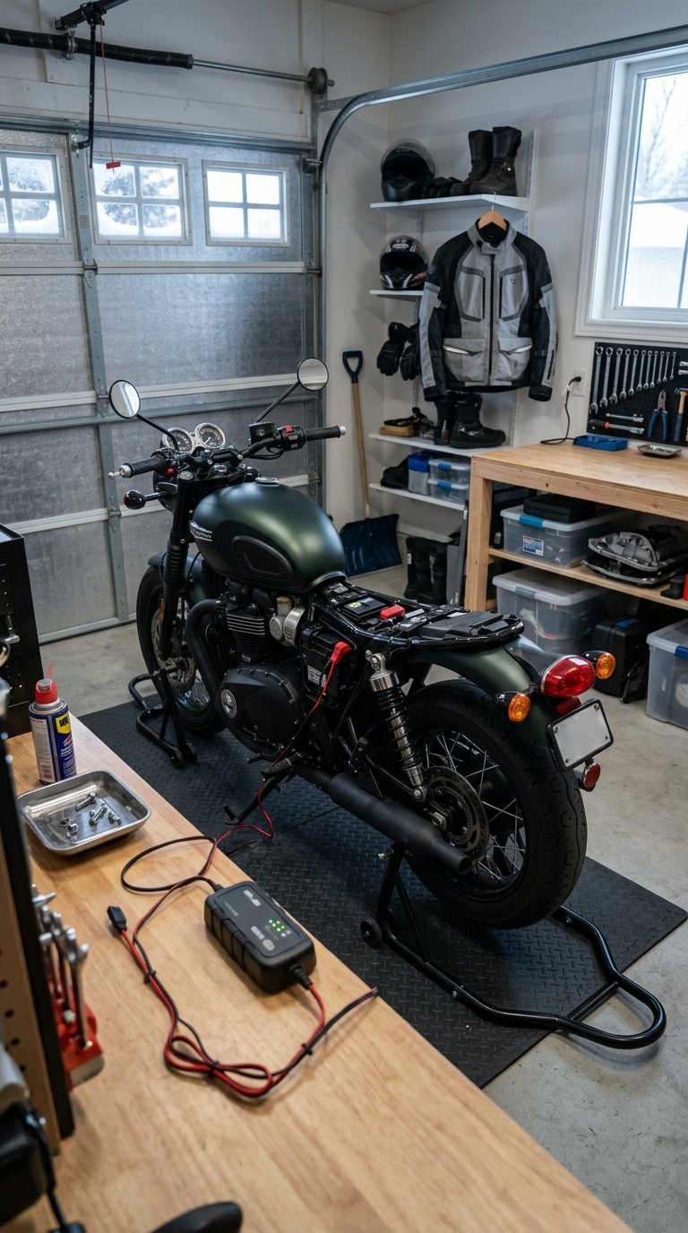 A motorcycle in an organized winter garage with its battery connected to a compact maintenance charger.