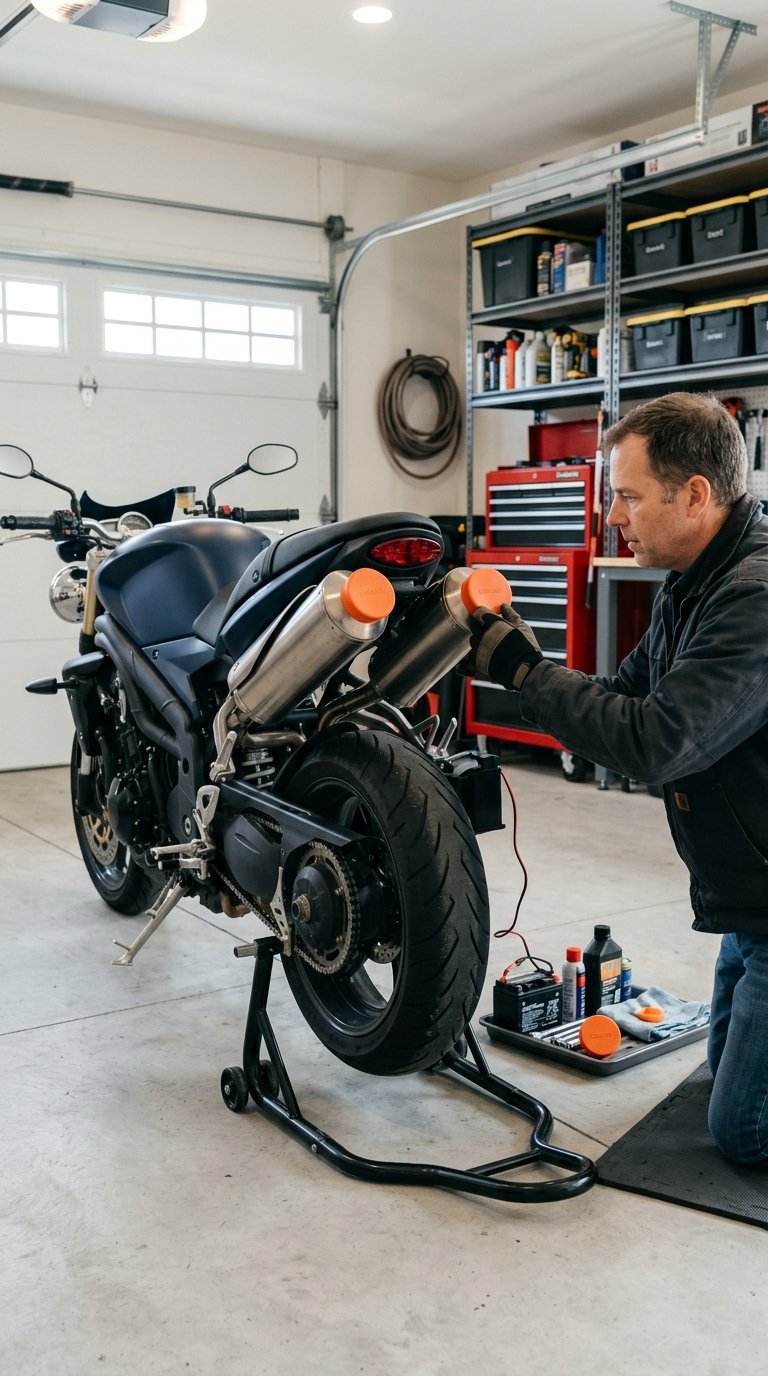 A motorcycle in a garage with protective covers fitted over its exhaust outlets for winter storage.