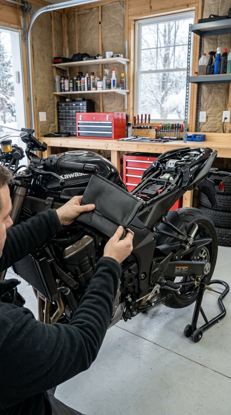 A person covers a motorcycle air intake with breathable material inside a tidy garage.