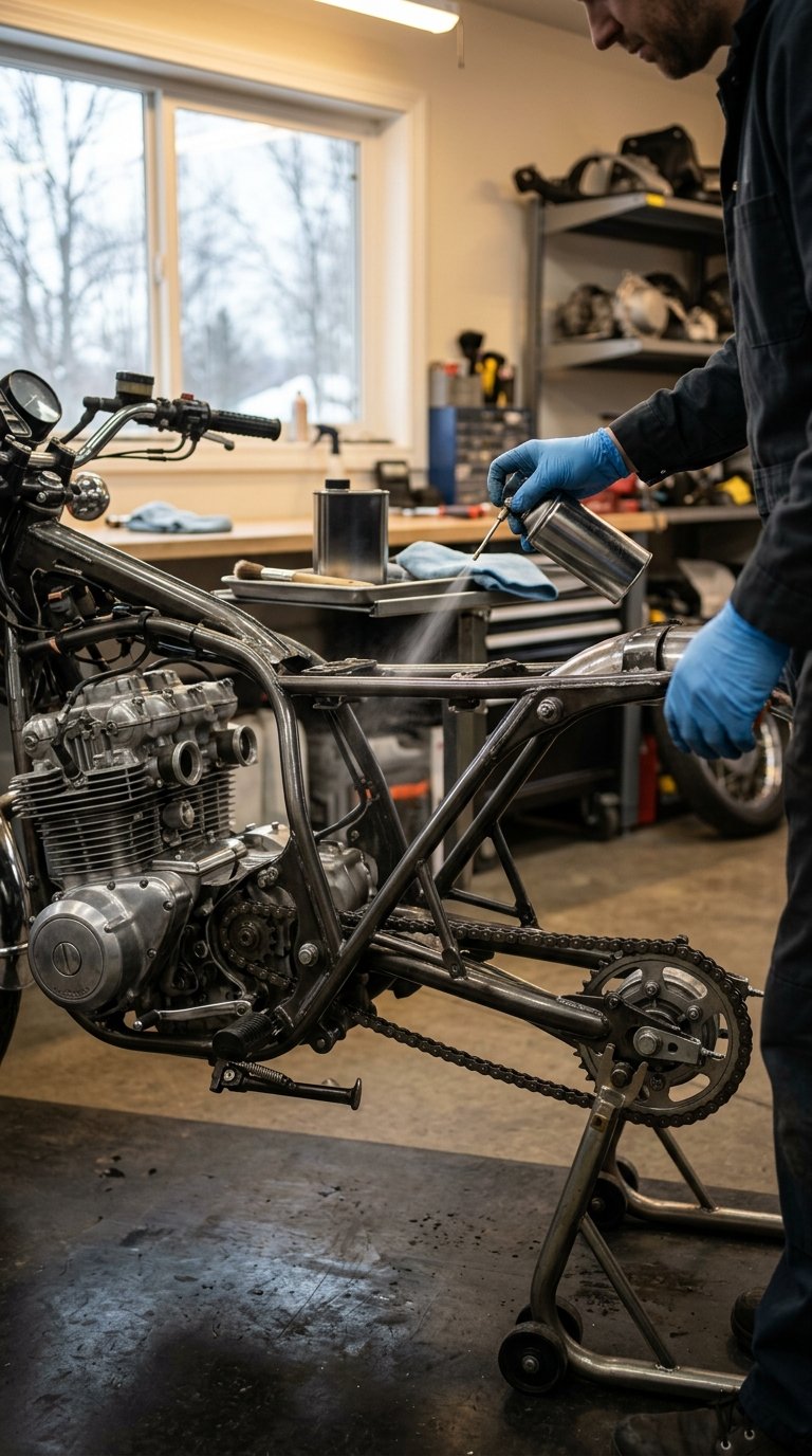 A mechanic applies corrosion inhibitor to exposed metal parts of a motorcycle in a garage.