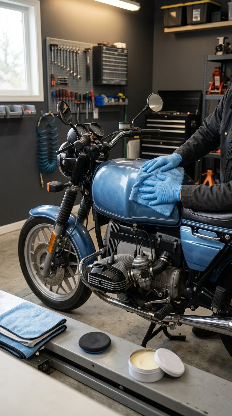 A gloved person buffs wax onto the painted surfaces of a motorcycle in an organized garage.