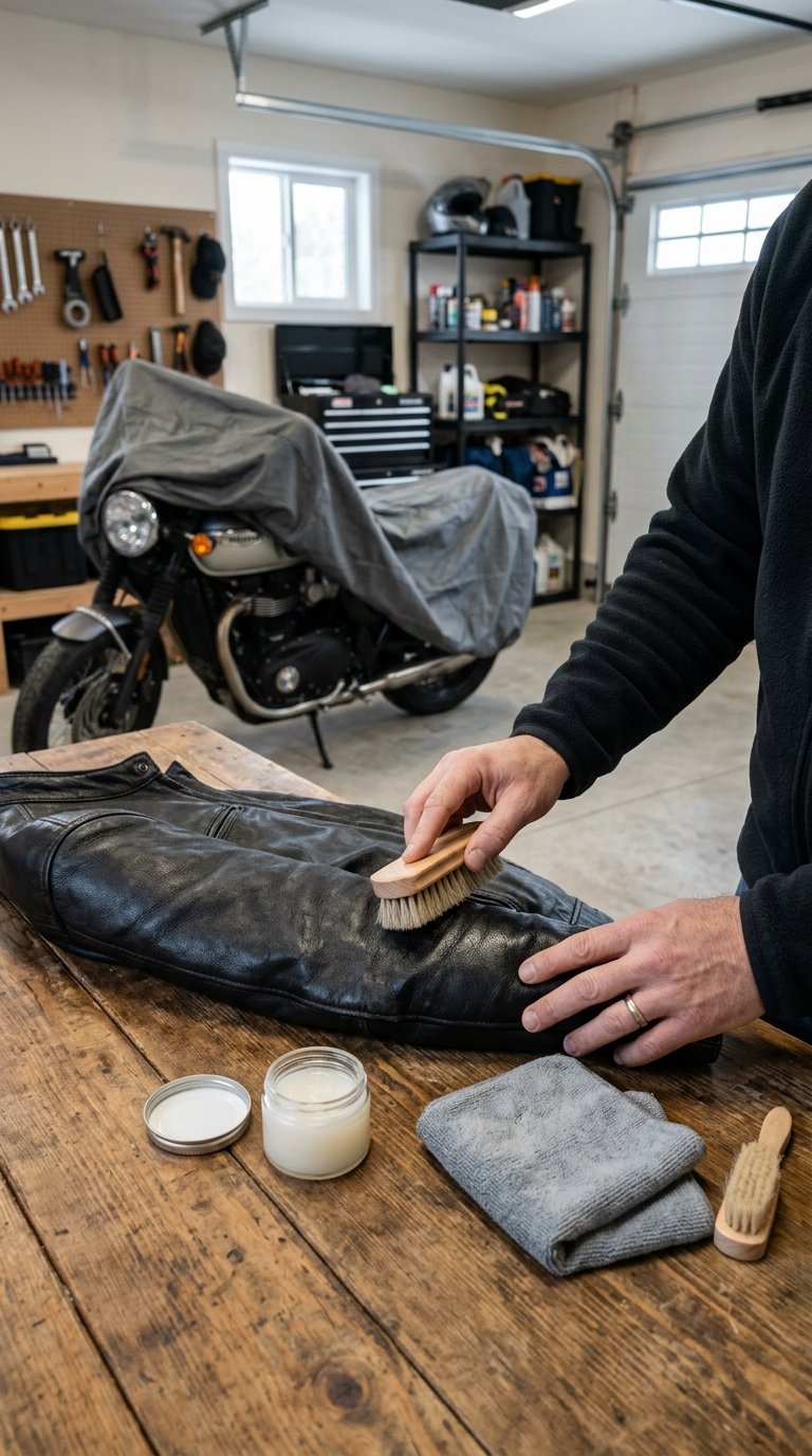 Hands apply leather conditioner to a motorcycle seat beside supplies in an organized garage.