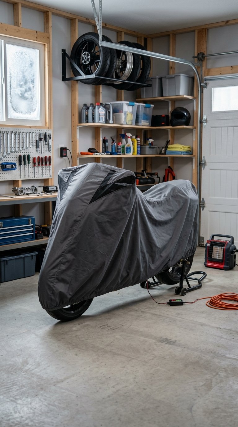 A covered motorcycle is stored in an organized winter garage.