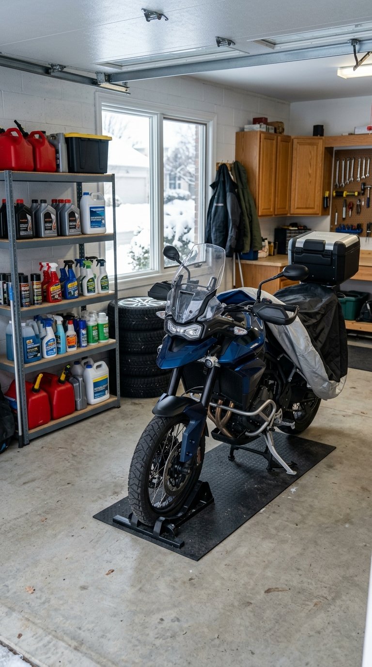 A motorcycle is parked safely away from sealed garage chemicals on organized shelving.