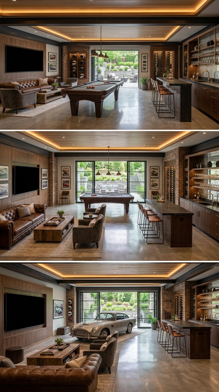 A luxurious garage converted into an elegant entertainment lounge with a bar, seating, pool table, and displayed sports car.