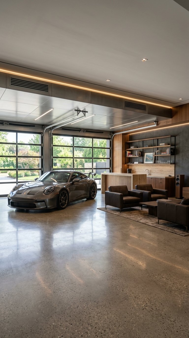 A luxury garage lounge with a sports car, comfortable seating, and a modern bar area.