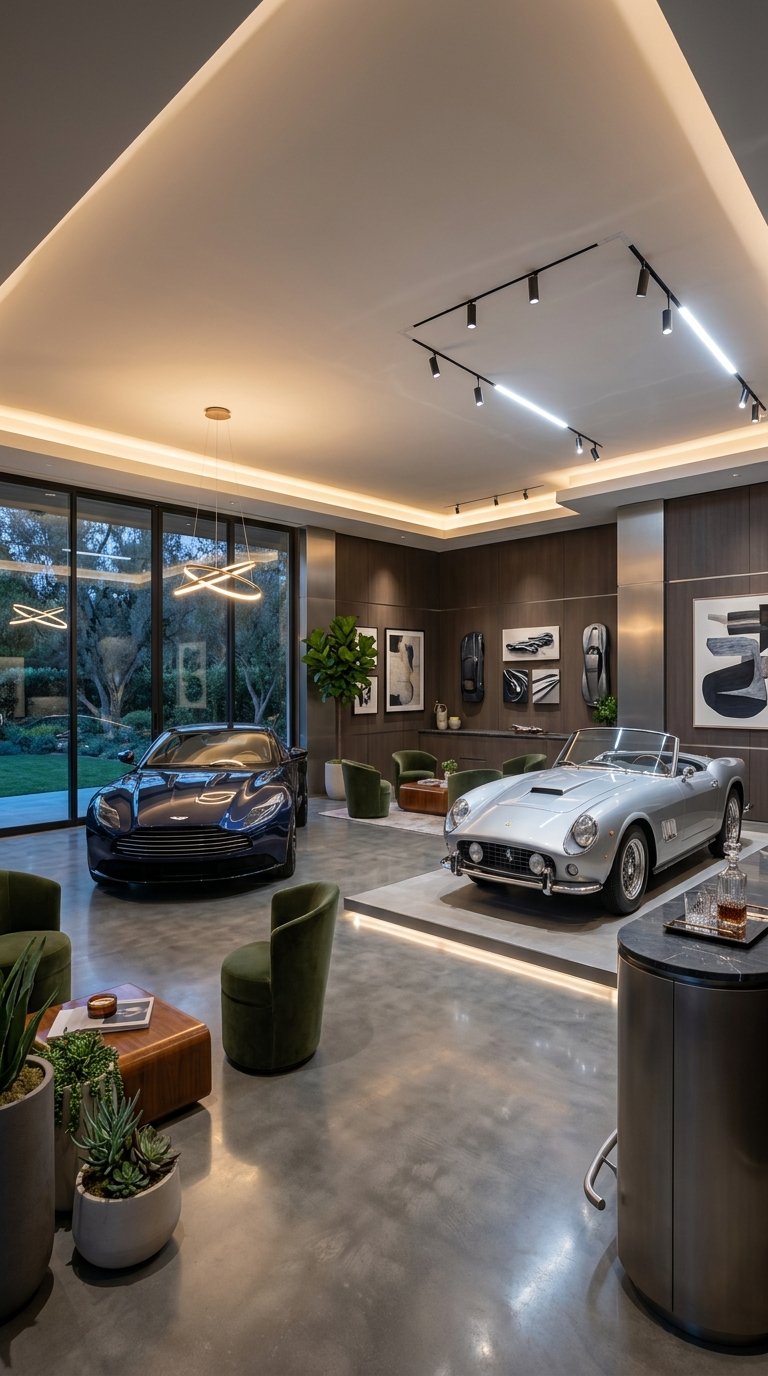 A luxury garage gallery with exotic vehicles, lounge seating, and a sleek bar area.