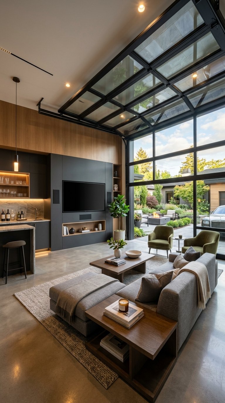 A luxurious entertainment room with a glass garage door, sectional seating, a television, and a small bar.
