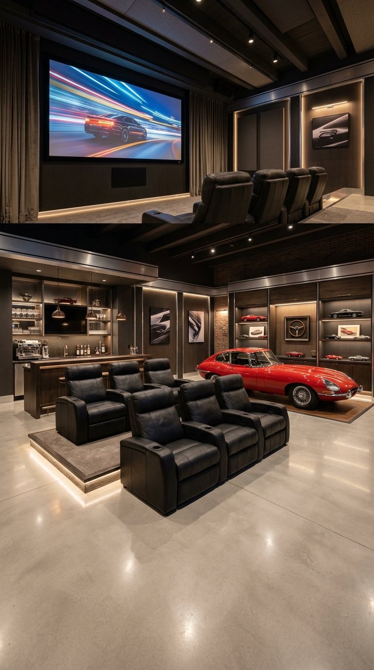 A luxury garage home theater with leather seats, a large screen, a sports car, and a refreshment bar.