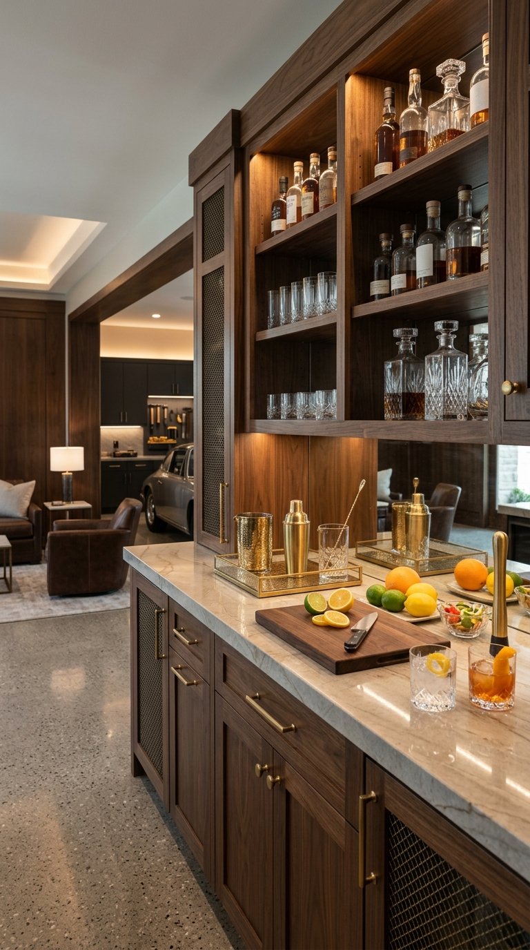 A luxurious custom bar and cocktail station in an upscale garage entertaining space.