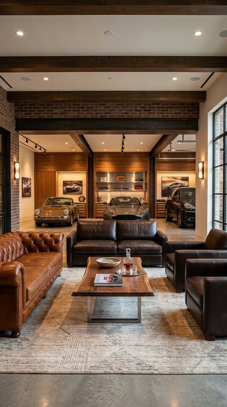 Leather sofas and chairs arranged around a coffee table in an upscale garage lounge.