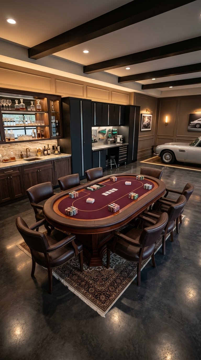 A luxury garage lounge with a poker table, playing cards, poker chips, leather chairs, and a sleek vehicle in the background.