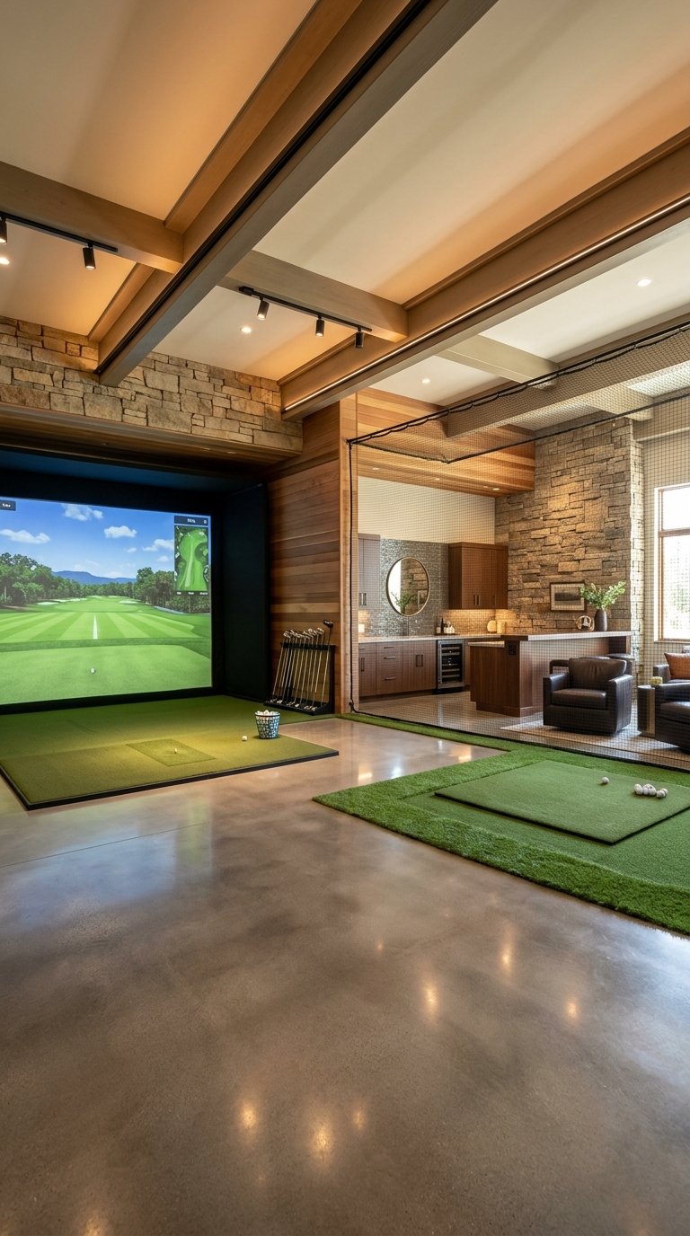 Luxury garage with a golf simulator, driving bay, lounge seating, and a sleek bar area.
