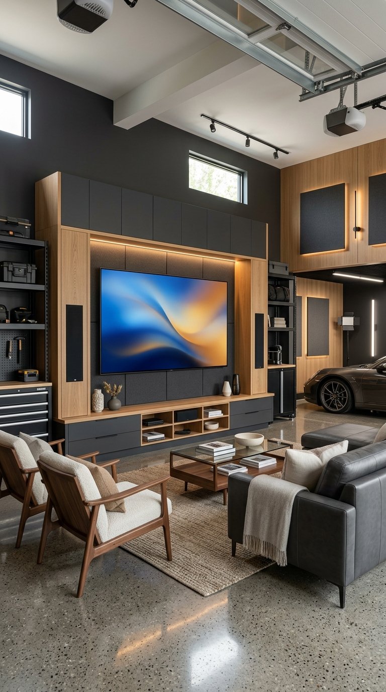 A luxury garage entertainment area with a large wall-mounted television, custom cabinetry, and modern seating.