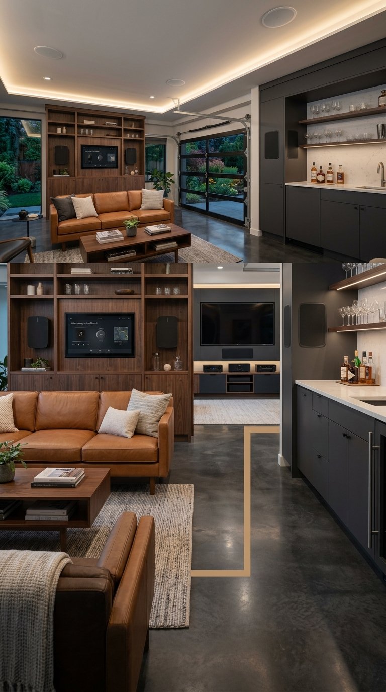 A luxurious garage lounge with integrated speakers, a bar, and comfortable seating.