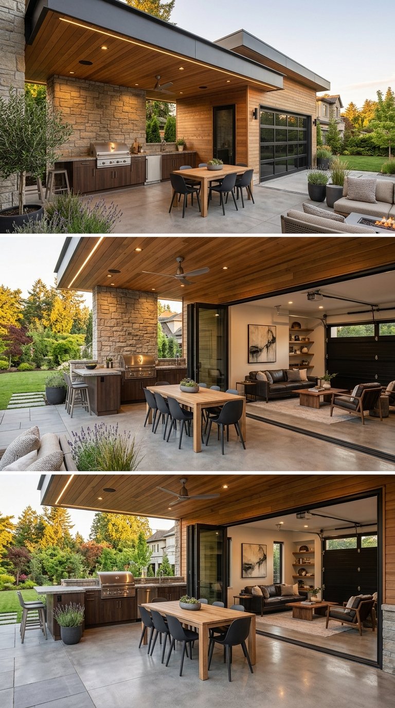 Luxury outdoor patio connected to a modern garage with seating, dining furniture, and an outdoor kitchen.