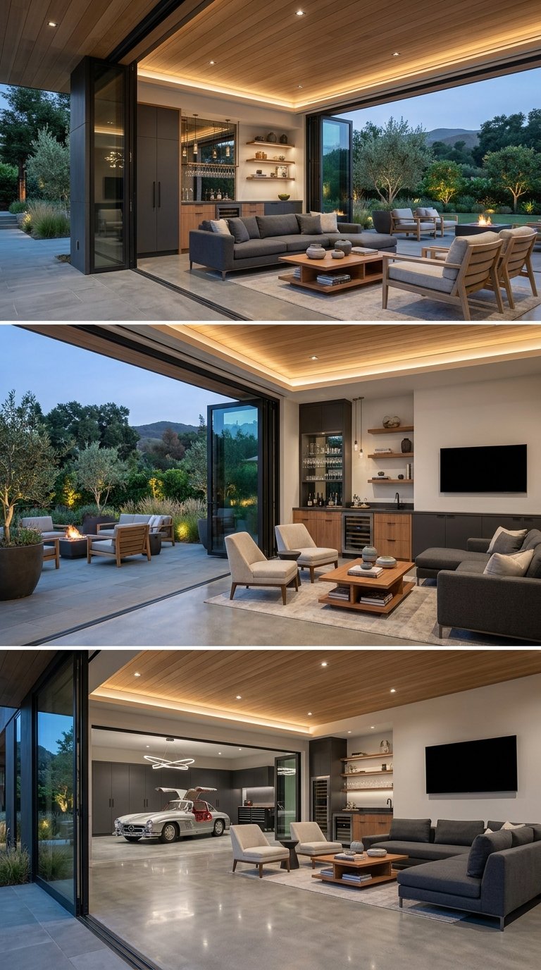 A luxurious garage lounge opens through folded glass doors onto a landscaped outdoor patio.