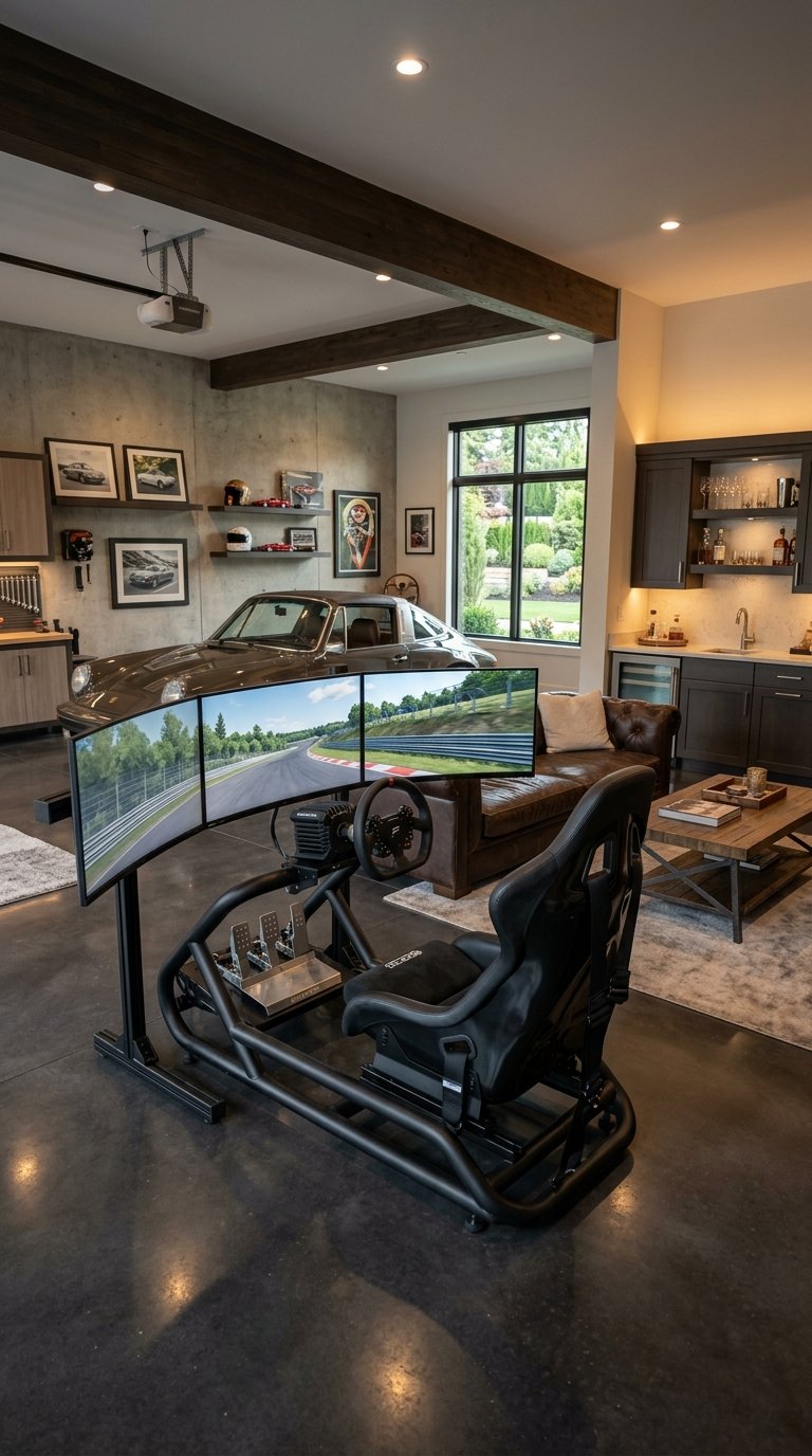 A luxury garage lounge featuring a high-end race-car simulator, leather seating, and a compact bar.
