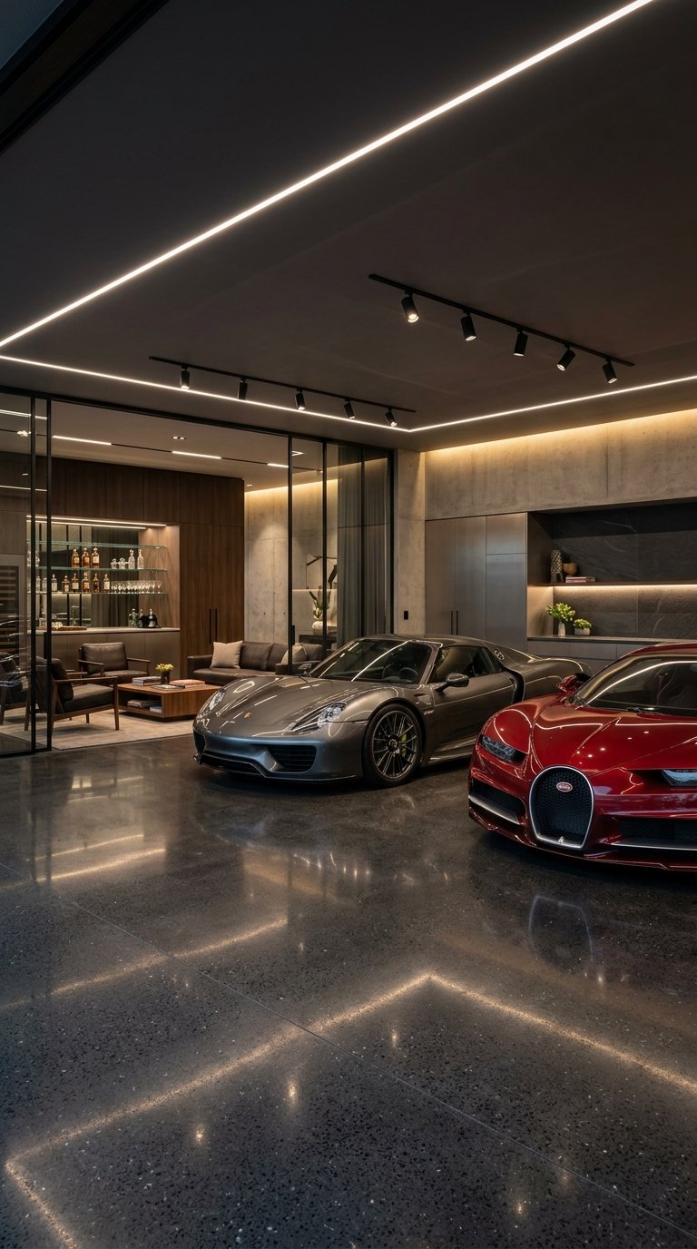 A luxury garage lounge with sports cars displayed under elegant architectural lighting.
