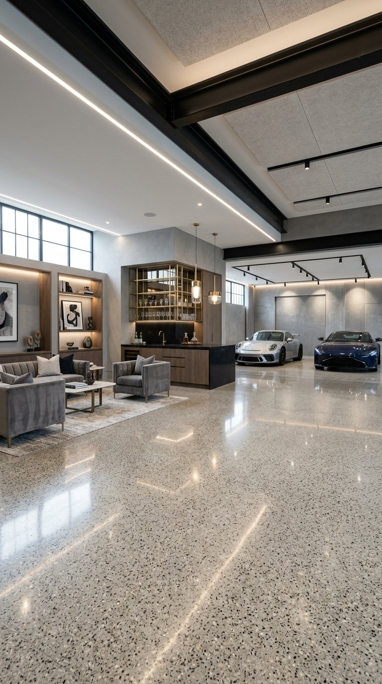A luxurious garage lounge with a glossy polished floor, stylish seating, a bar area, and cars in the background.
