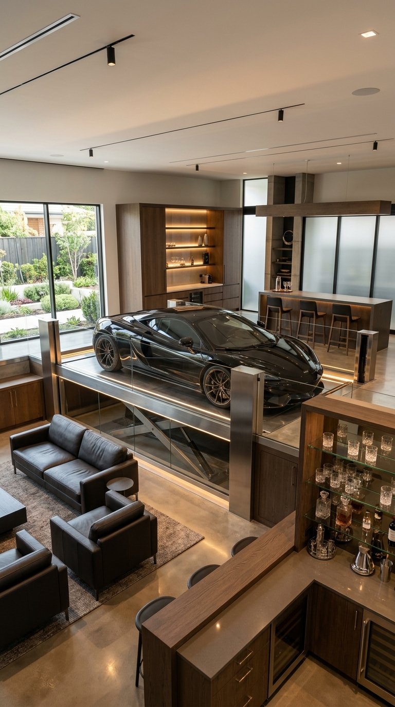 A luxury garage entertaining space with a sports car displayed on a motorized lift beside a stylish lounge and bar.