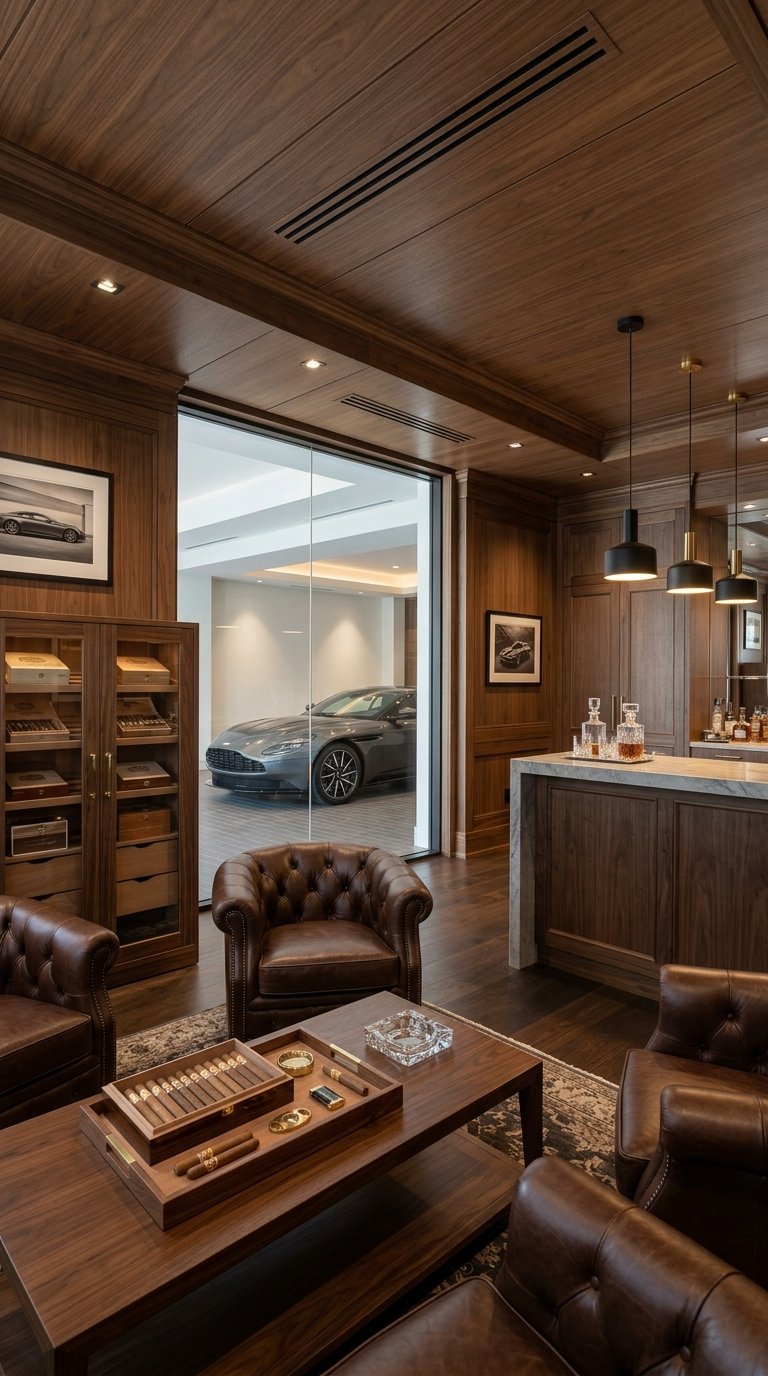 A luxurious private cigar lounge with leather chairs, a wood-paneled bar, cigar storage, and discreet ceiling ventilation inside an upscale garage.