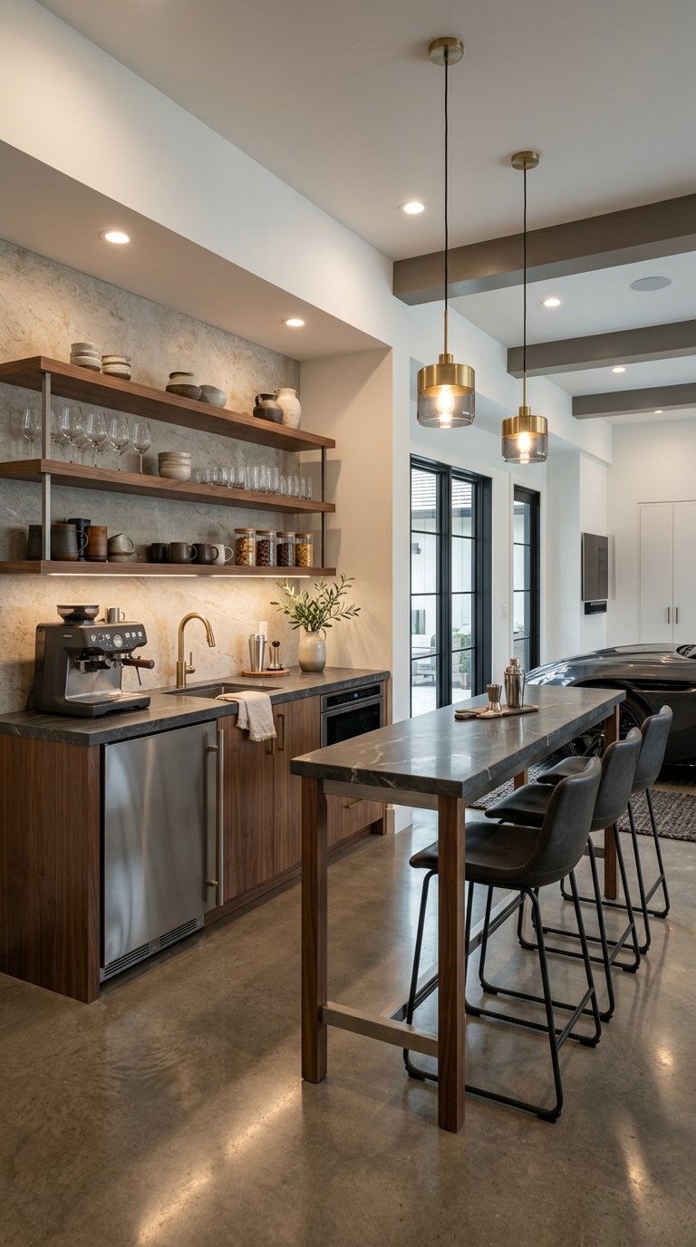 A luxurious garage kitchenette with a stone snack bar, modern appliances, warm lighting, and neatly arranged serving items.