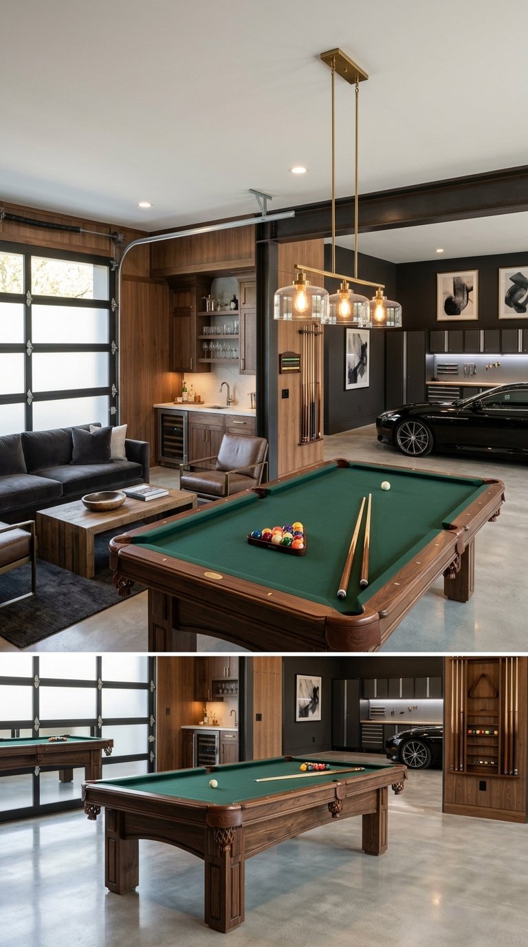 A luxury garage entertainment area with a custom pool table, lounge seating, bar, and warm lighting.