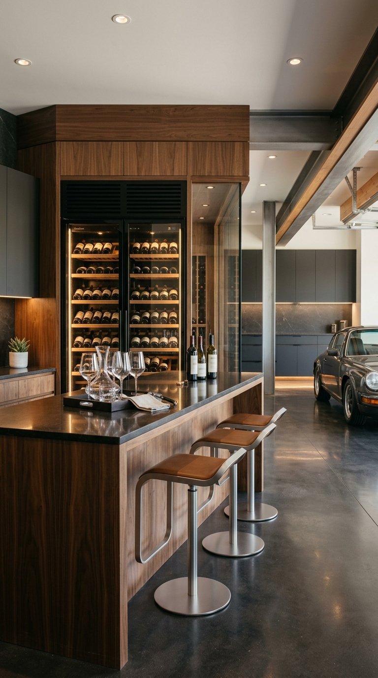 A luxurious garage entertaining space with a built-in wine refrigerator and tasting counter.