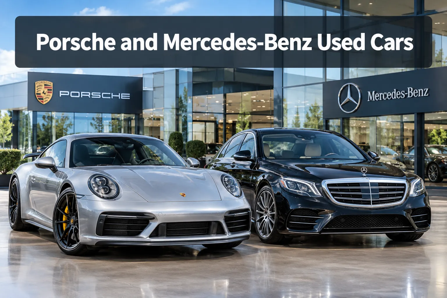 Professional () hero image with (≤42 chars): 'Porsche and Mercedes-Benz Used Cars', white on a dark semi-transparent panel,